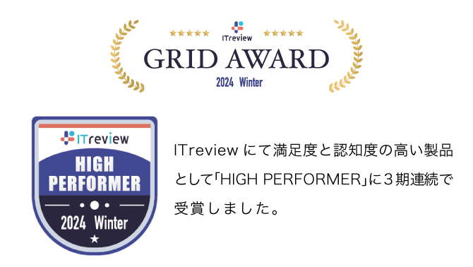 ITreview にて満足度と認知度の高い製品として「HIGH PERFORMER」に3期連続で受賞しました。